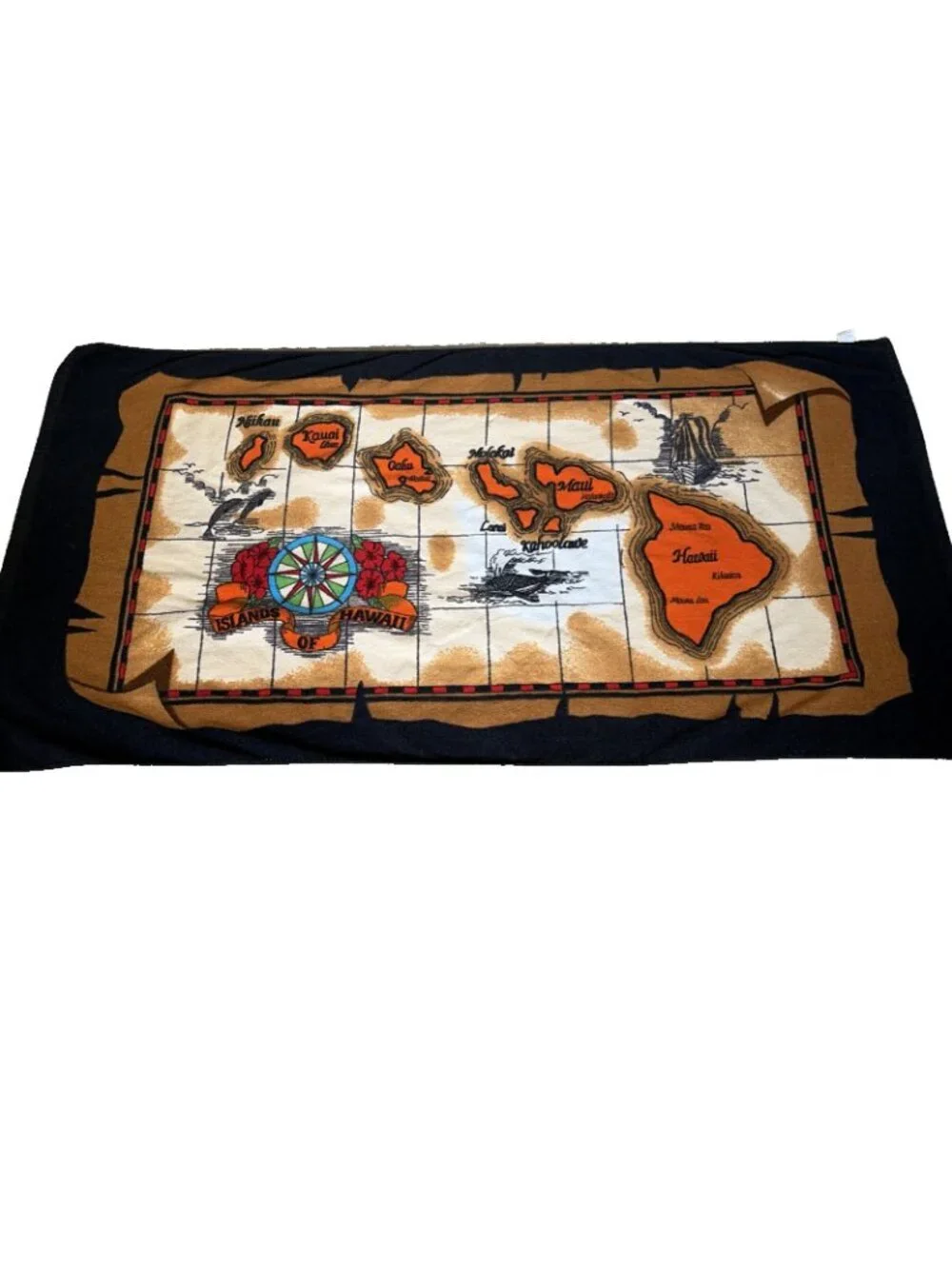 Vintage 90s Islands Of Hawaii Beach Towel Map Hibiscus Colorful Aloha 30X56''